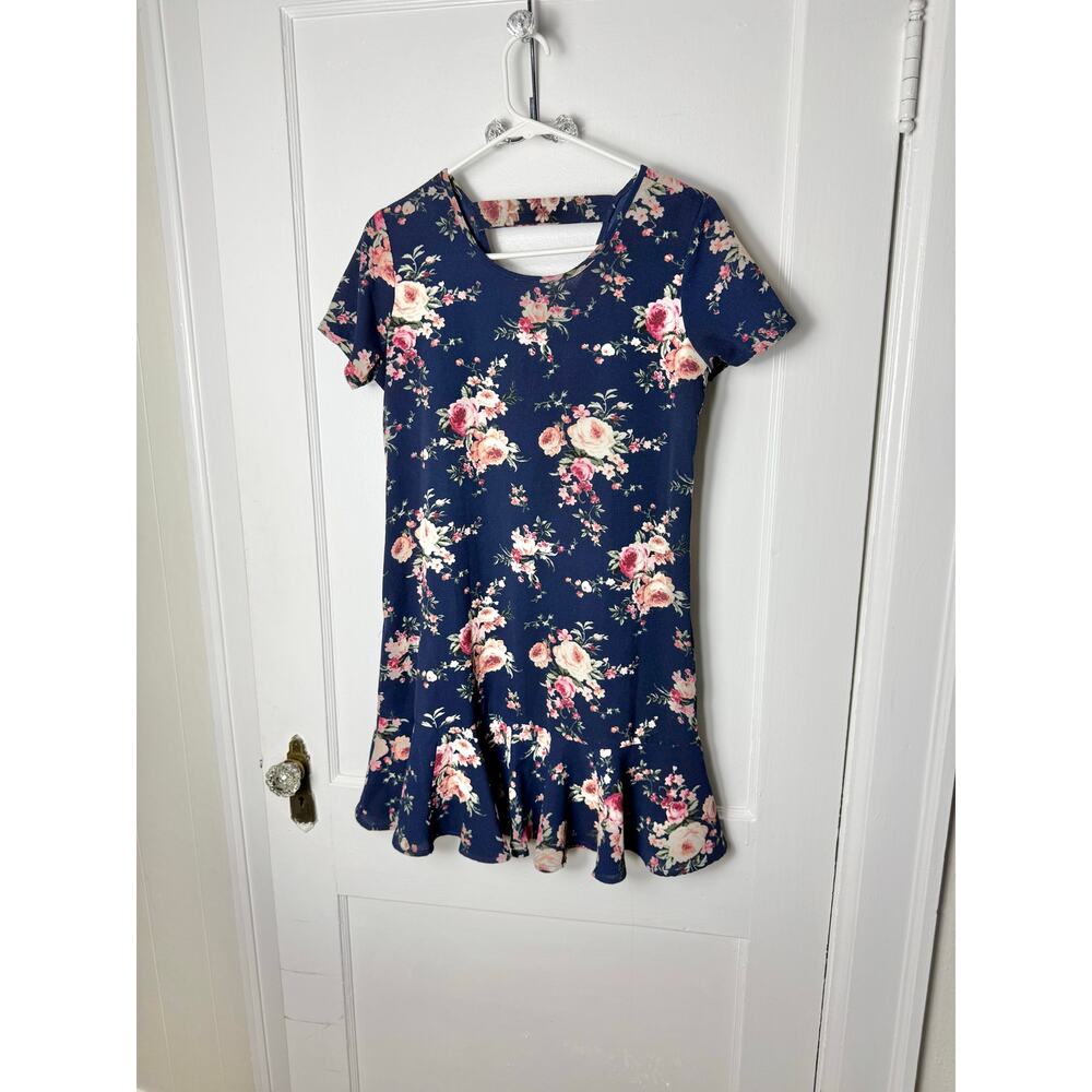 Blue Rain Navy Blue Floral Drop Waist Short Sleeve Mini Dress Women's Small